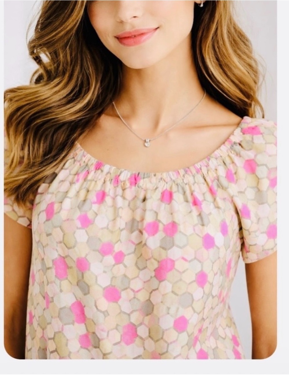 Banana Republic Pink and Gray 100% Silk Puff Sleeve Geometric Pattern Blouse